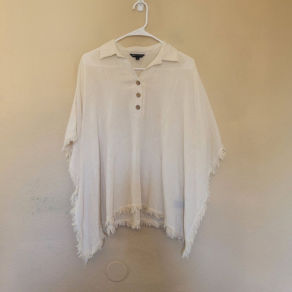 Womens Cream Boho Fringe Poncho Size Medium Linen Blend Henley Caftan Coastal
